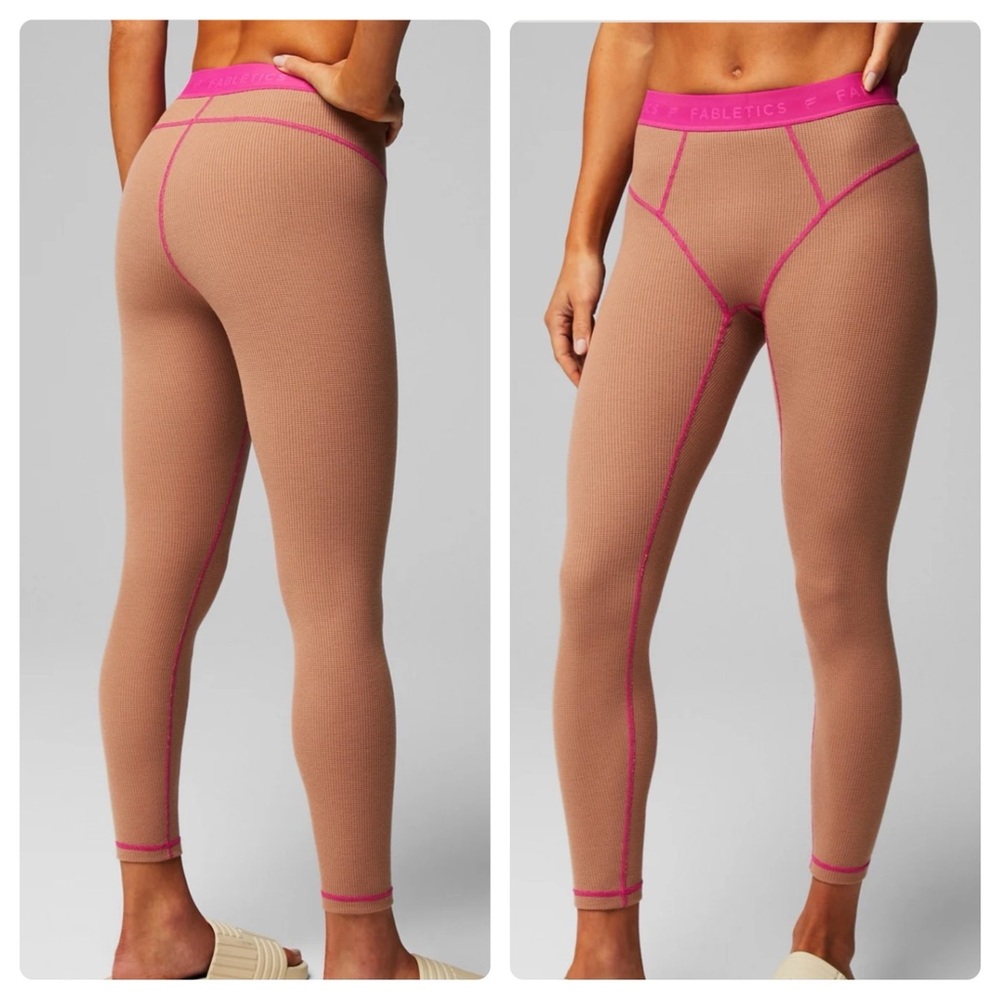 NEW Fabletics Waffle Leggings in Teddy/Fuchsia (Tan / Pink) Medium Short